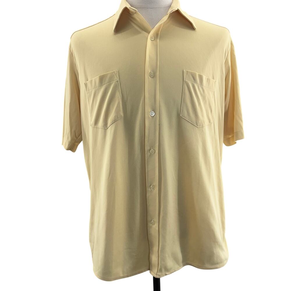 Vintage 70s Mens Large Montgomery Ward Gold Poly Knit Shirt 46 Chest